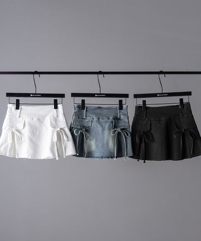 【 ２color ／ ３size 】ヴィンテージライクリボンデニムミニスカパン ／ vintage like ribbon denim mini skirt pants