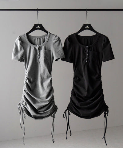 【 ２color 】シャーリングリボンヘンリーネックミニワンピース ／ shirring ribbon henley neck mini onepiece