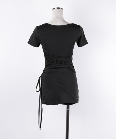【 ２点セット 】スクエアネックサイドシャーリングミニワンピース＆インナーショートパンツ ワンホンセットアップ ／ square neck side shirring mini onepiece & inner short pants wanghong SETUP