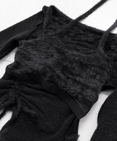 【 ３color 】クロスネックシャーリングリボンシャギートップス ／ cross neck shirring ribbon shaggy tops