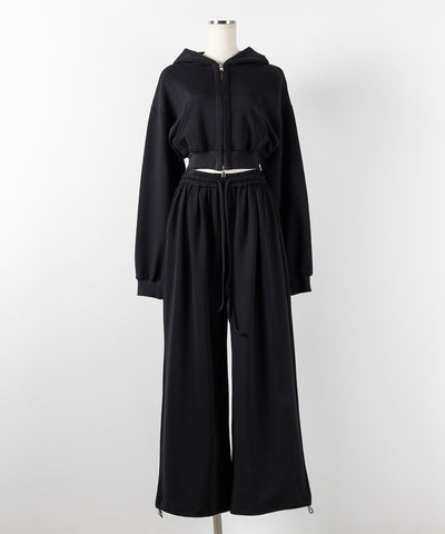 【 セットアップ 】ダブルジップショートパーカー ＋ タックワイドスウェットパンツ SET ／ double zip short hoodie + tuck wide sweat pants SET