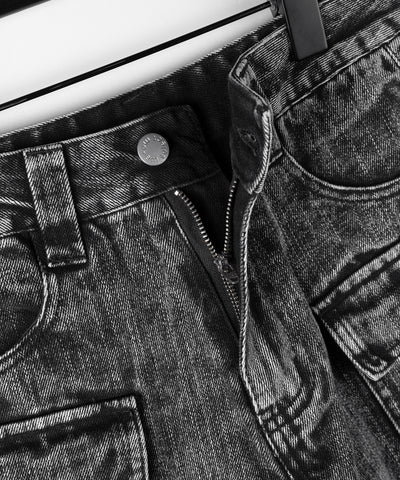 【 デニムセットアップ着用可能 】ヴィンテージケミカルブリーチカーゴデニムミニスカパン ／ vintage chemical bleach cargo denim mini skirt pants
