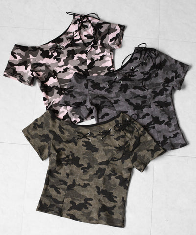 ヴィンテージカモフラカットアウトレースアップワンショルＴシャツ　／ Vintage camouflage cutout laceup one shoulder T-shirt