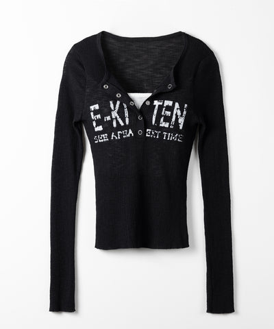 ヘンリーネックフェイクレイヤードロゴ長袖シアーニットトップス ／ henly neck fake layered logo longsleeve sheer rib knit tops