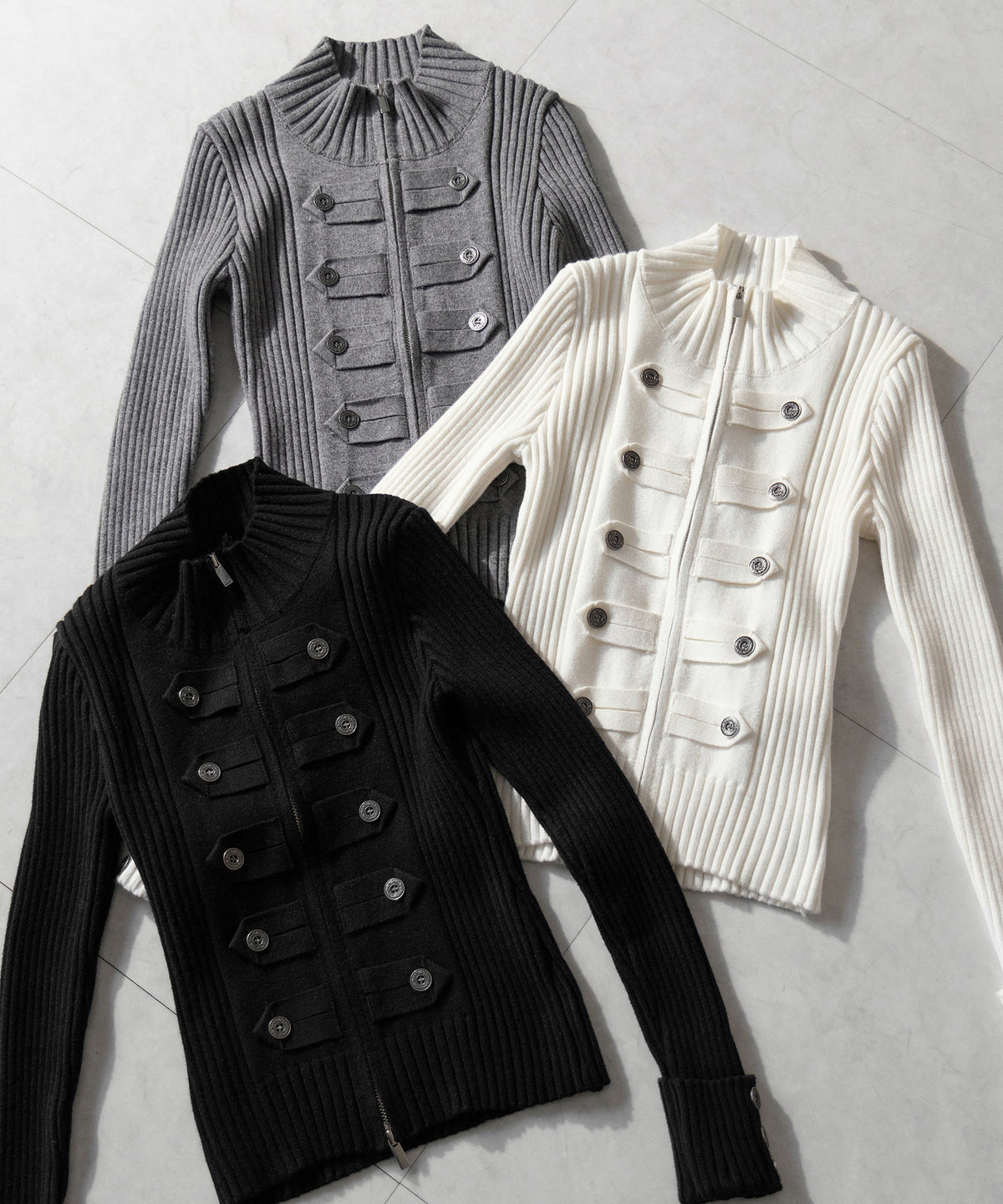 ナポレオンジップアップスリムリブニットカーディガン ／ Napoleon zipup slim rib knit cardigan
