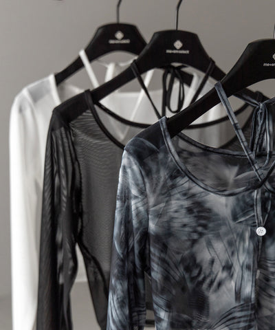 【 ３color ／ ２WAY 】クロスストラップリボンシアーショートカーディガン ／ cross strap ribbon sheer short cardigan