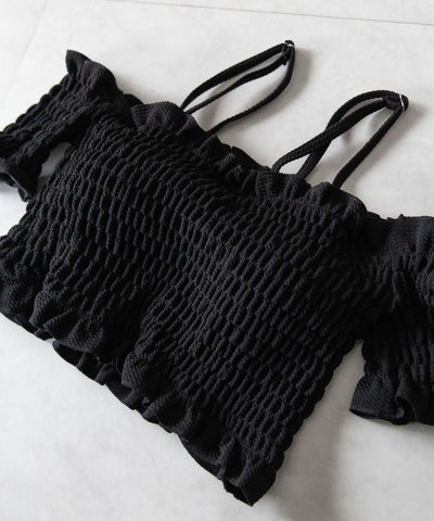 【 レディース水着／２点セット 】オフショルダーシャーリングギャザーハイウエストビキニ ／ off shoulder shirring gather highwaist bikini