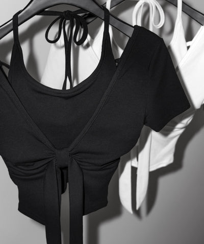 フロントリボンレイヤードトップス ＋ ホルターキャミ  ＳＥＴ  ／ front ribbon layered tops ＋ halter camisole SET