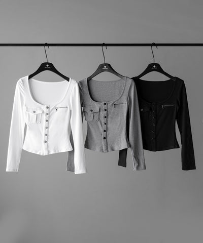 アウトポケットスクエアネック長袖スリムTシャツ ／Out pocket square neck long sleeve slim T-shirt