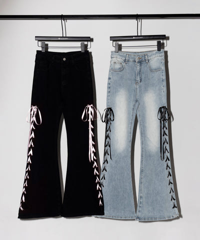 サテンリボンレースアップカットアウトストレッチフレアデニム ／ satin ribbon laceup cutout stretch flare denim