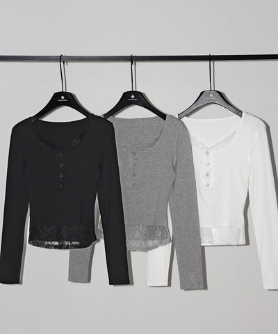 【 人気アイテムの長袖verが新登場！ 】レースレイヤードヘンリーネックスクエア長袖Ｔシャツ ／ lace layered henley neck square long sleeve T-shirt