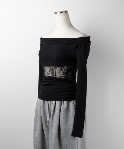 【 ２color 】ウエストレースカットアウトオフショルトップス ／ waist lace cutout offshoulder tops