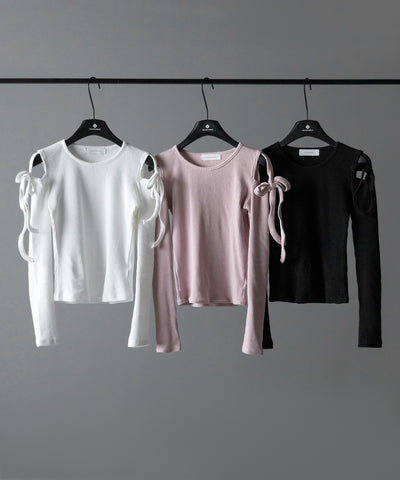 【 ３color 】カットアウトショルダーリボンリブトップス ／ Cut-out shoulder ribbon rib tops