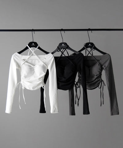 【 ２WAY 】クロスストラップリボンカットアウトオフショルトップス ／ cross strap ribbon cutout offshoulder tops