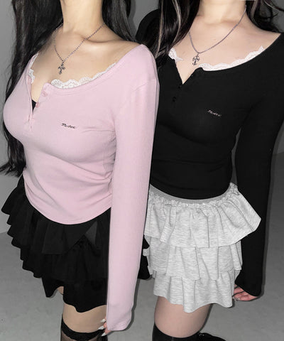 ヘンリーネックロゴプレートレースリブトップス ／　henley neck logo plate lace ribbed tops