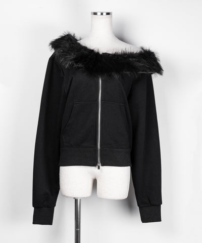 【 セットアップ 】ファーダブルジップワンショルスウェット＆タックワイドスウェットパンツ ／ Fur double-zip one-shoulder sweatshirt ＆ tuck wide sweatpants SETUP