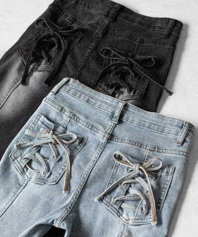 【４size 】バックリボンレースアップ美脚ストレッチフレアデニム ／ back ribbon lace up slim leg stretch flare denim