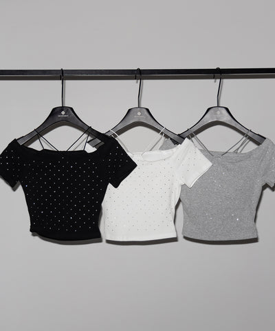 ラインストーンクロスネックショートTシャツ ／ Rhine stone cross neck short T-shirts