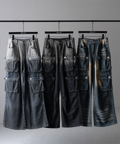 【 ３color ／４size 】オーバーダイグラデーションヴィンテージワイドカーゴデニム ／ overdyed gradation vintage wide cargo denim