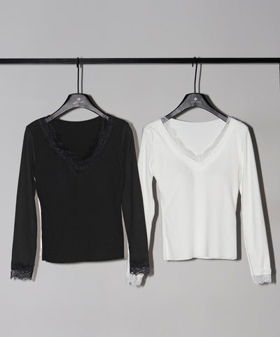 【 微起毛 】レーストリムタイトリブ長袖Ｔシャツ ／ lace trim tight rib long sleeve T-shirt