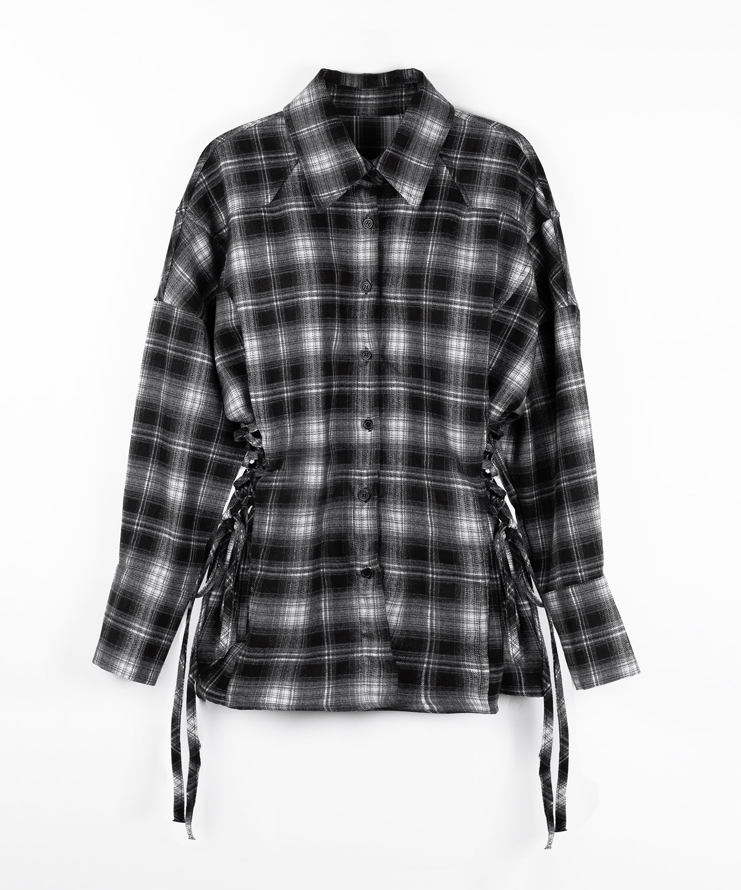 レースアップリボンスリムラインチェックネルシャツ ／ lace up ribbon slim line check flannel shirt