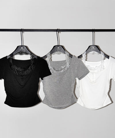 レースレイヤードホルターヘンリーネック半袖Ｔシャツ ／ lace layered halter henley neck short sleeve T-shirt