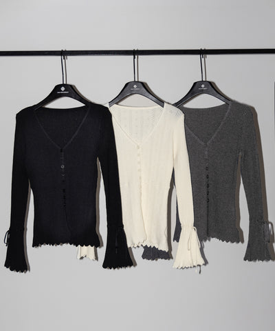 フレアリボンスリーブ透かし編みニットカーディガン ／ flare ribbon sleeve openwork knit cardigan