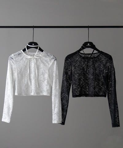 【 ２color 】ストラップリボンショートレーストップス ／ strap ribbon short lace tops