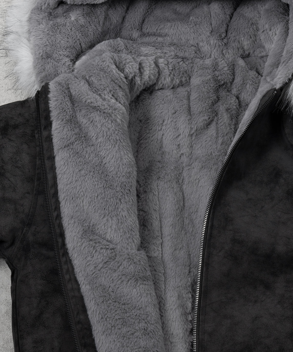 ファーフードヴィンテージフェイクレザーオーバーブルゾン ／ fur hooded vintage fake leather over blouson