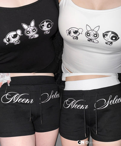 【THE POWERPUFF GIRLS】SETUP パワーパフガールズスクエアネックスリムキャミソール＆レタリングロゴショートパンツ / square neck slim camisole & lettering logo short pants