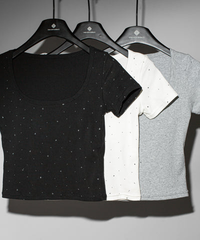 ラインストーンスクエアネックタイトＴシャツ ／Rhinestone square neck tight T-shirt