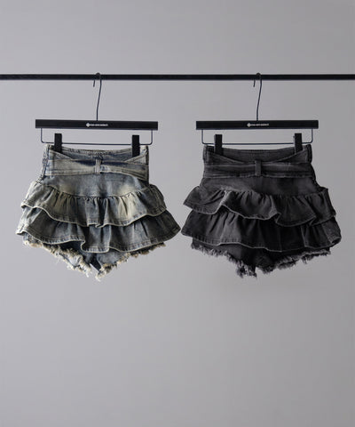 【 ２color 】ベルテッドフリルヴィンテージデニムミニスカパン ／ Belted frill vintage denim mini skirt pants