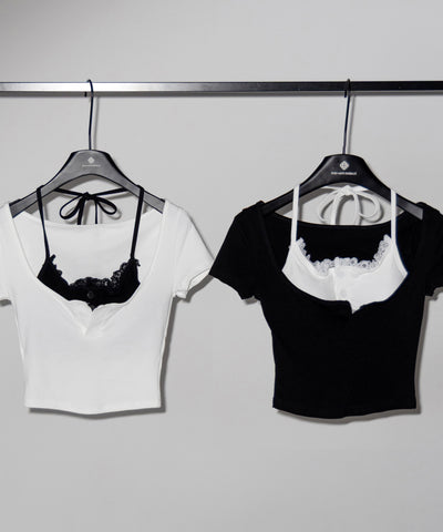 レースレイヤードドッキングスクエアネックＴシャツ ／ Lace layered docking square neck T-shirt