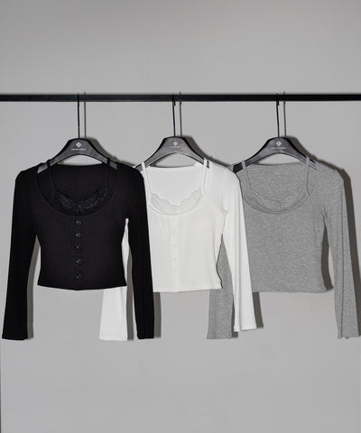 レースキャミスクエアネック長袖リブＴシャツ ／ Lace camisole square neck long-sleeve ribbed T-shirt