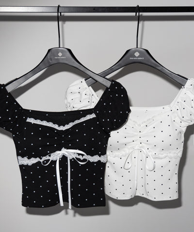 ドットレースリボンギャザーオフショルトップス ／ dot lace ribbon gathered off shoulder tops
