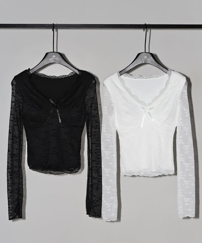 フロントリボンVネックレイヤードレーストップス ／ front ribbon v-neck layered lace tops