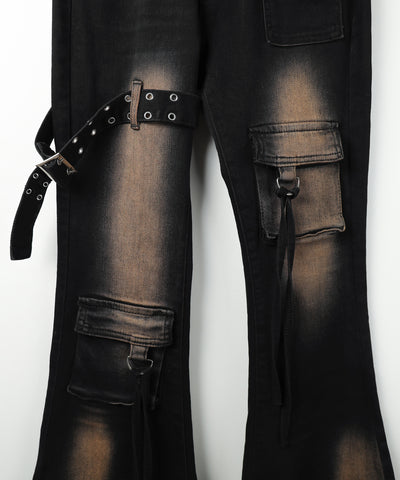 【 ２color ／ ４size 】ベルテッドアウトポケットヴィンテージフレアデニム ／ belted out pocket vintage flare denim