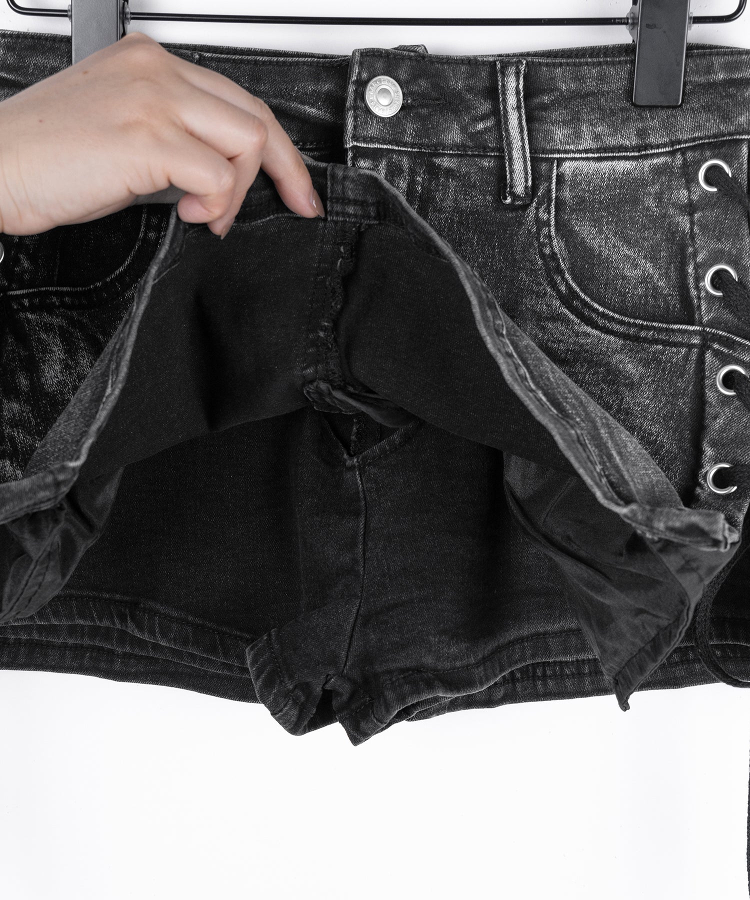 【 インパン裏地付き 】レースアップマイクロデニムミニスカパン ／ Lace-up micro denim mini skirt pants
