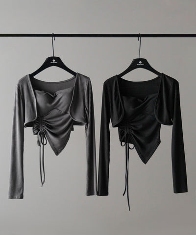 【 ２点セット 】シャーリングリボンベアトップス ＆ ショートカーディガン SET ／ shirring ribbon bare tops & short cardigan SET