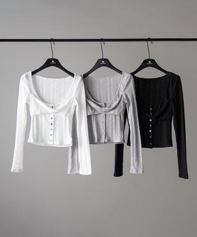 【 ３color 】フロントボタンオープンネックリブカットソートップス ／ front button open neck ribbed cutsew tops