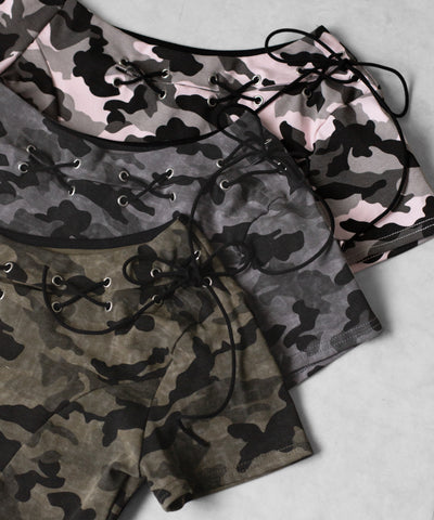 ヴィンテージカモフラカットアウトレースアップワンショルＴシャツ　／ Vintage camouflage cutout laceup one shoulder T-shirt
