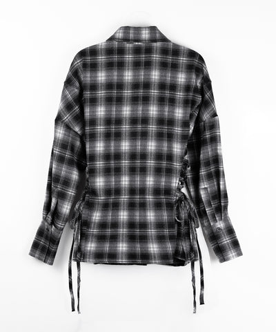 レースアップリボンスリムラインチェックネルシャツ ／ lace up ribbon slim line check flannel shirt
