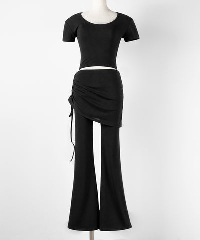 【 ワンホンセットアップ 】スクエアショートＴシャツ＋サイドシャーリングフレアパンツ ＳＥＴ ／ 【 SETUP 】square neck short T-shirts + side shirring flare pants