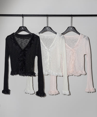 レースフリルシアーニットカーディガン ／ lace frill sheer knit cardigan