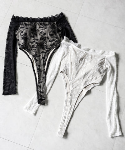 【 ２color 】フラワーレースレイヤードオフショルボディスーツトップス ／Flower lace layered off shoulder bodysuit tops