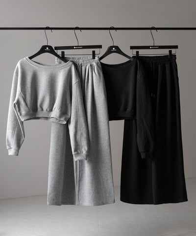 【 セットアップ 】ワンショルダーショートスウェットトップス ＋ タックワイドパンツ SET ／ off shoulder short sweat tops & tack wide pants SET