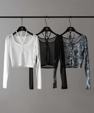 【 ３color ／ ２WAY 】クロスストラップリボンシアーショートカーディガン ／ cross strap ribbon sheer short cardigan