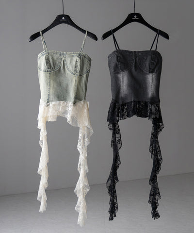 【 ２color 】ヴィンテージライクレースフリルデニムビスチェ ／ vintage like lace frill denim bustier