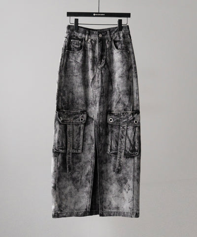 【 ３SIZE 】クラッシュブリーチセンタースリットカーゴデニムスカート ／ crash bleach center slit cargo denim skirt