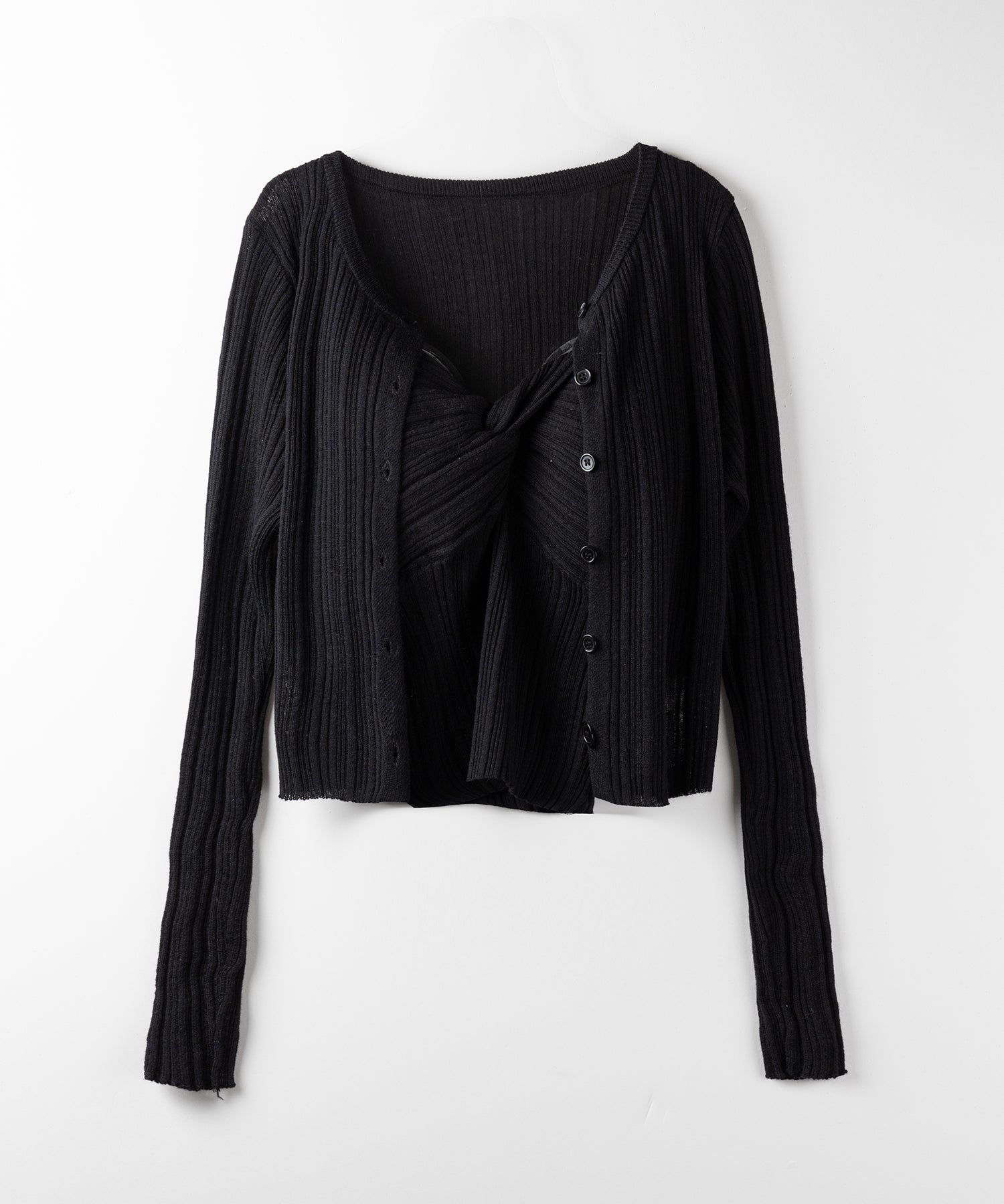 【 2点セット 】ツイストリブニットキャミソール ＋シアーリブショートカーディガン SET ／ twisted rib knit camisole + sheer rib short cardigan SET